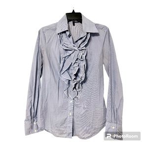 Vintage Y2K Pale Blue Pinstripe Blouse with Ruffle Accent Sz M